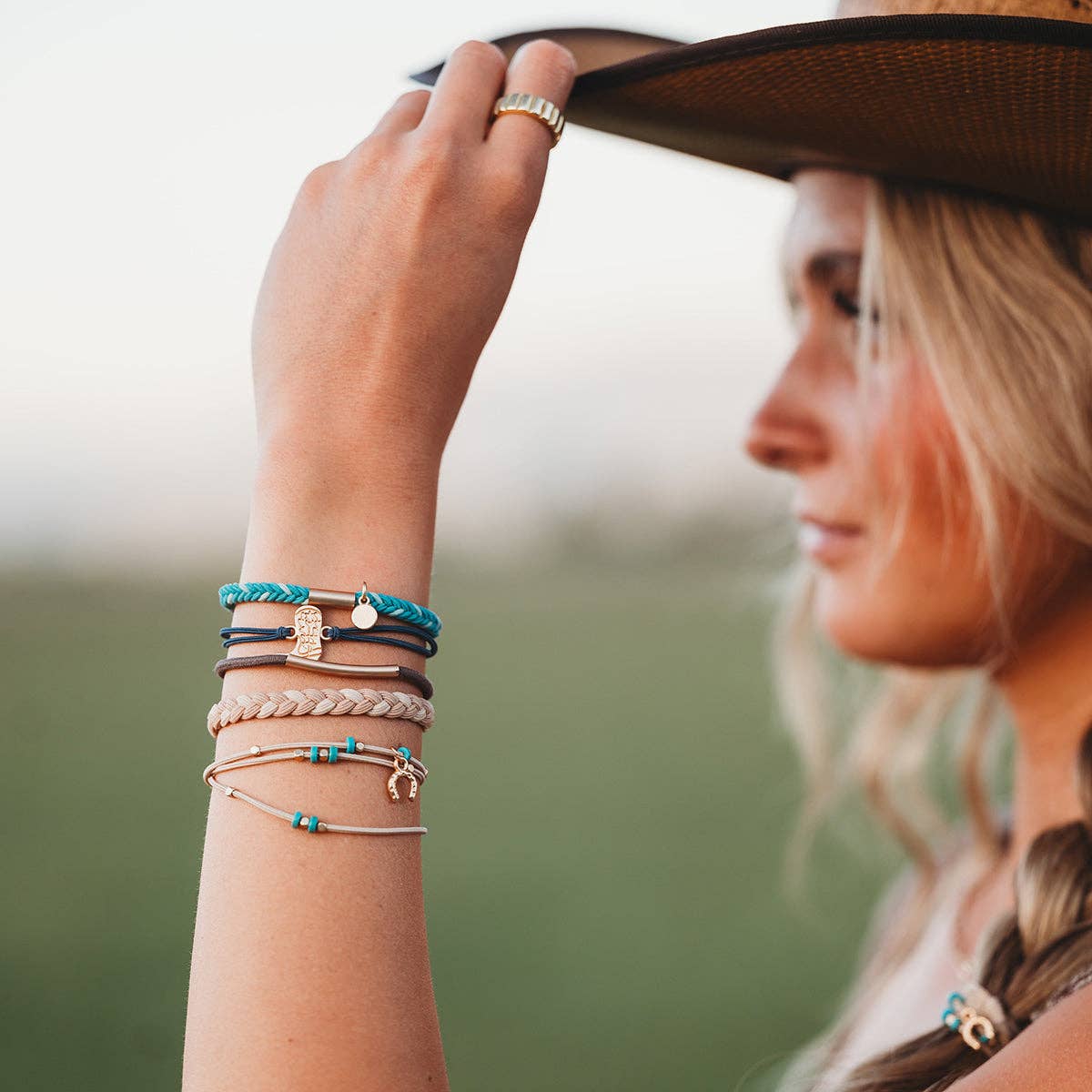 K'lani hair tie bracelets - "Stride" Turquoise with Gold Cowboy Boot Hair Tie Bracelets: Medium
