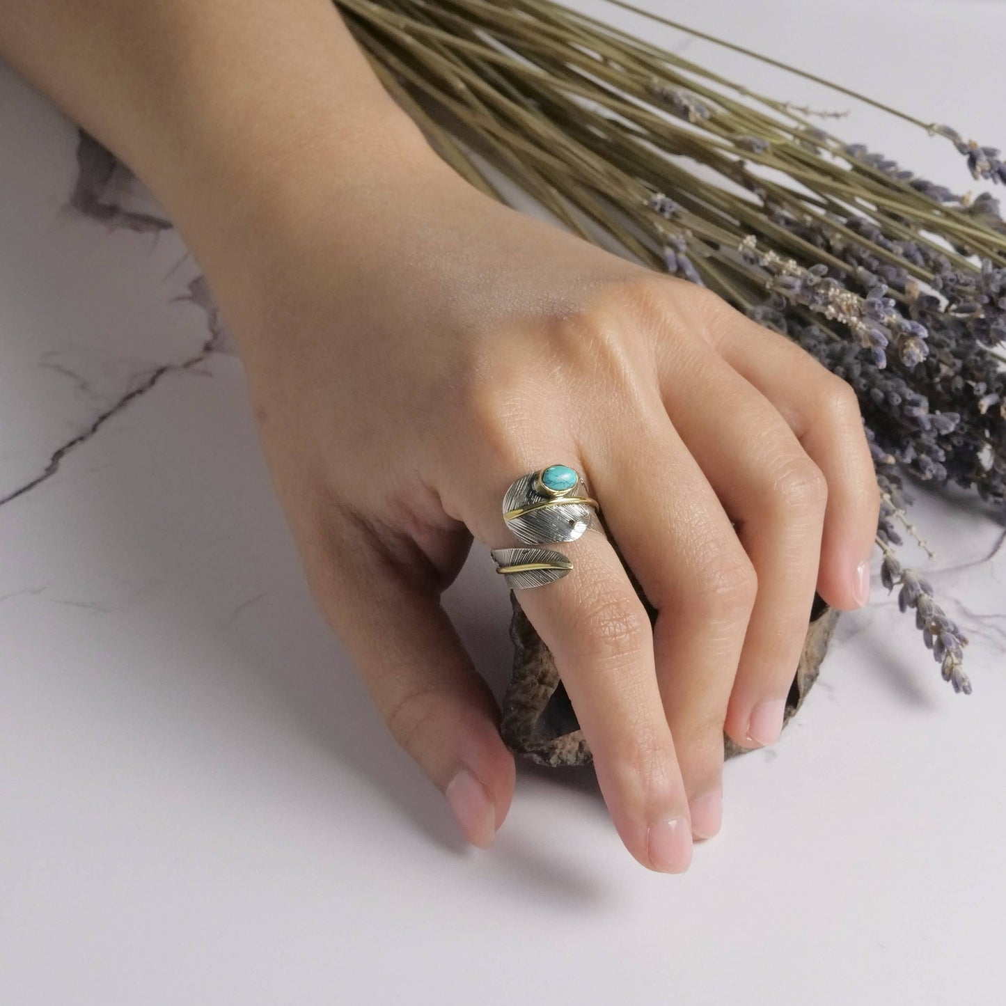 Baizaar - Sterling Silver Adjustable Wrapped Feather Ring: 6