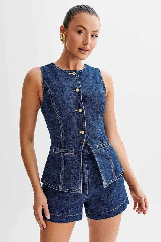 By Claude - WOMEN FASHION DENIM TWO PIECE SET: Navy / L