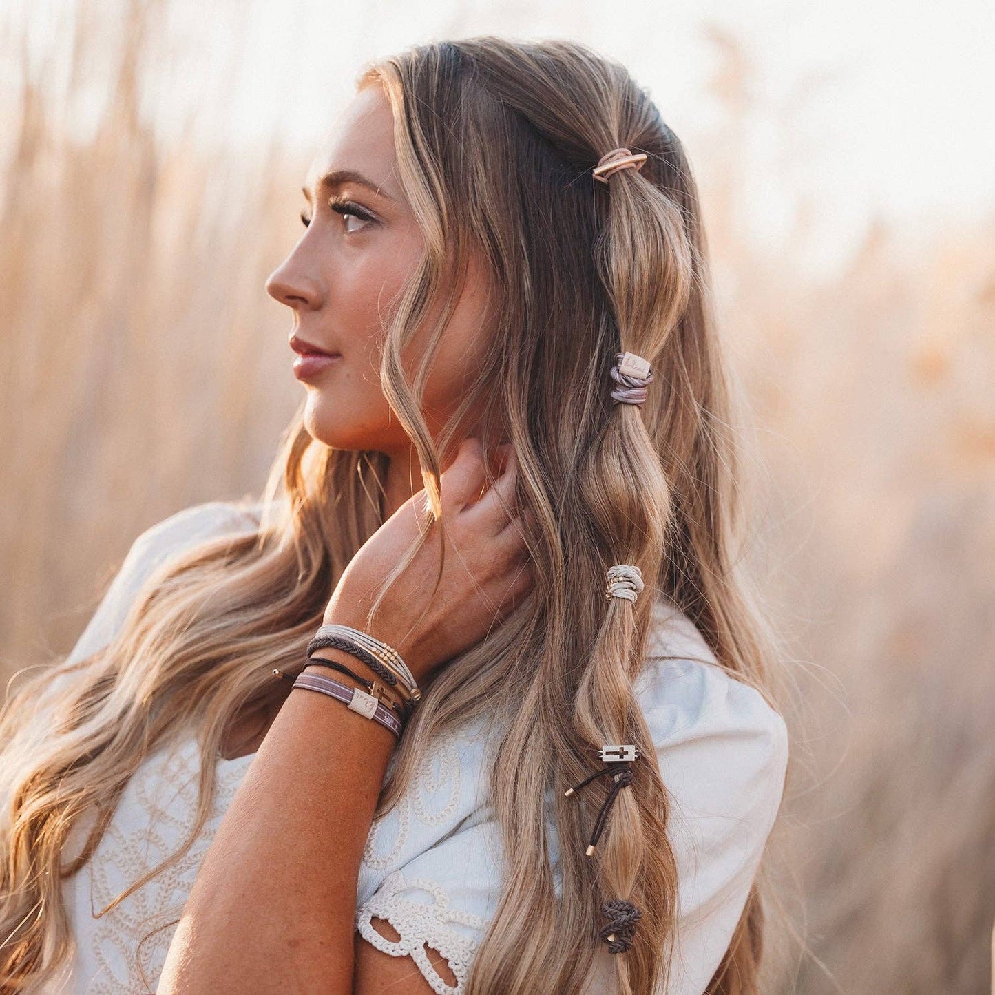 K'lani hair tie bracelets - "Faith" Warm Neutrals with Gold Cross Hair Tie Bracelets: Small