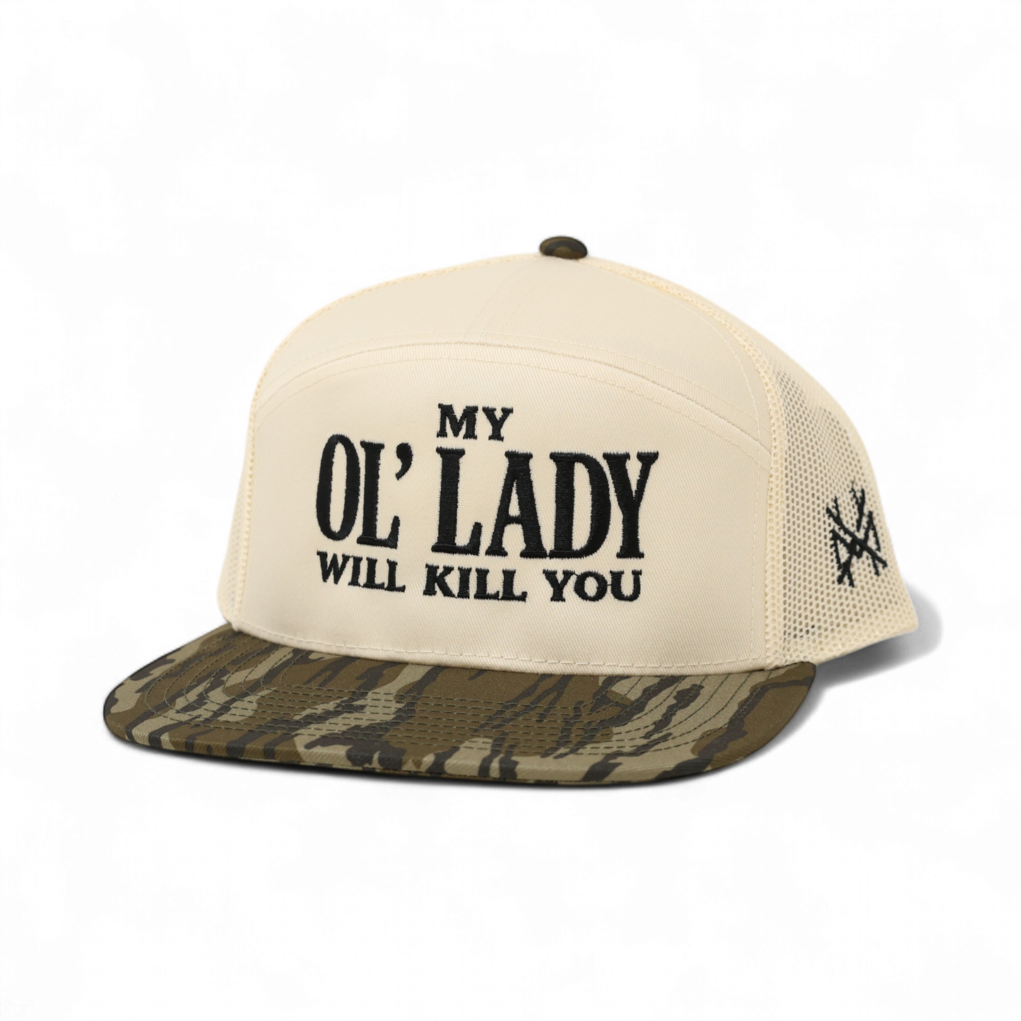 The Mad Hatter Co - My Ol Lady Will Kill You Trucker Hat: 7 Panel Bottomland/ Loden/ Bottomland