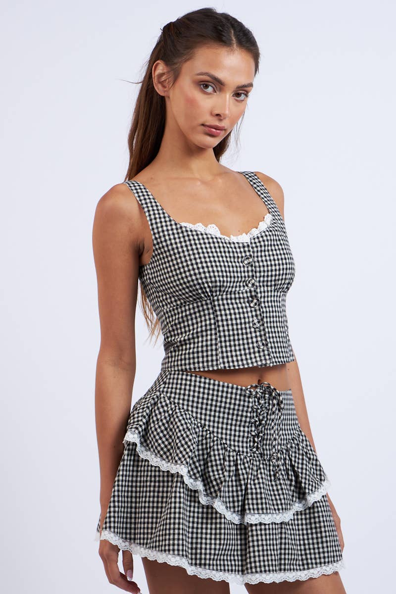 Sky to Moon - CHECKER PRINT FRONT BUTTON LACE TRIM CROP TOP: Black Checker / M