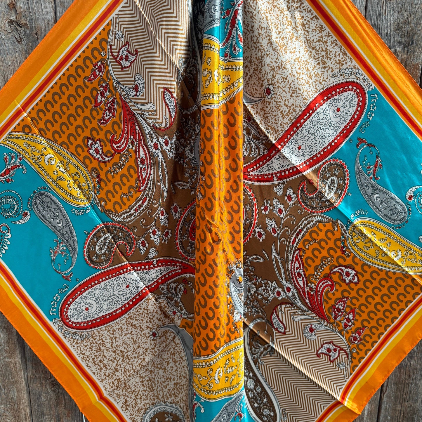Rodeo Drive - 35X35" Orange and Turquoise Horse Shoe Paisley Wild Rag / Scarf WR1033