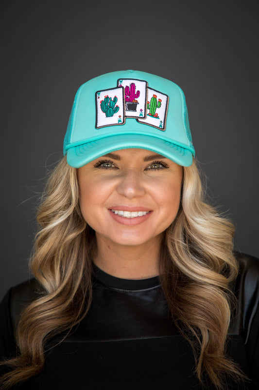 West & Co. - Turquoise Trucker Cap with Cactus Cards Patch