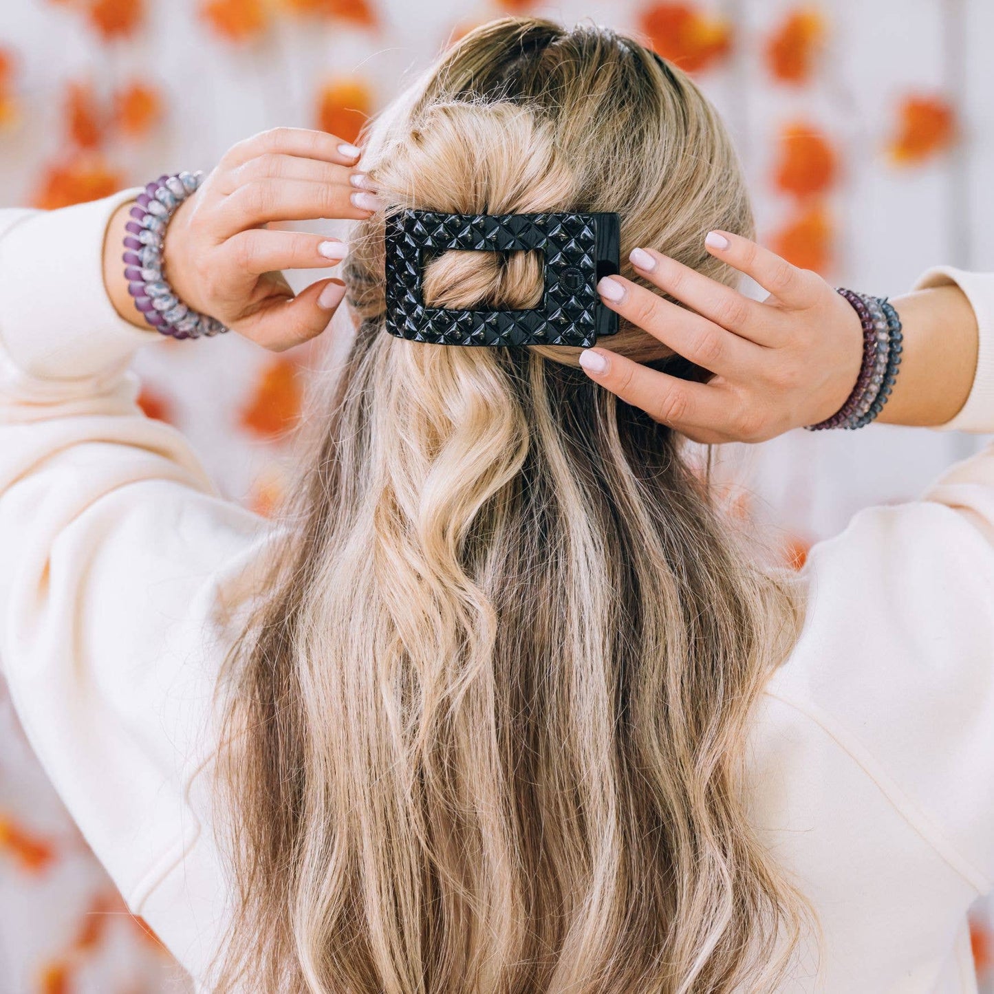 TELETIES - Flat Rectangle Hair Clip | Medium | Jet Black Quilted