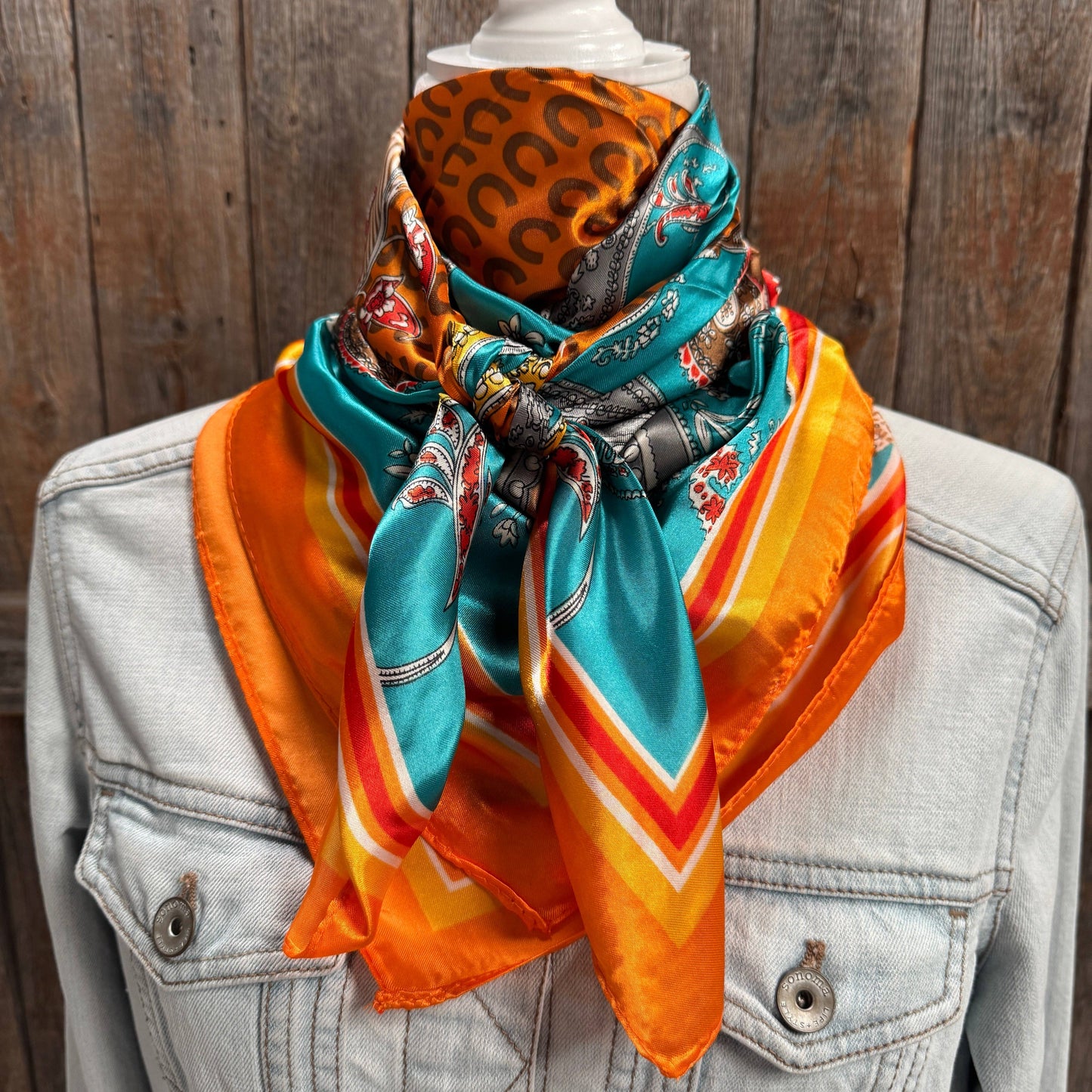 Rodeo Drive - 35X35" Orange and Turquoise Horse Shoe Paisley Wild Rag / Scarf WR1033
