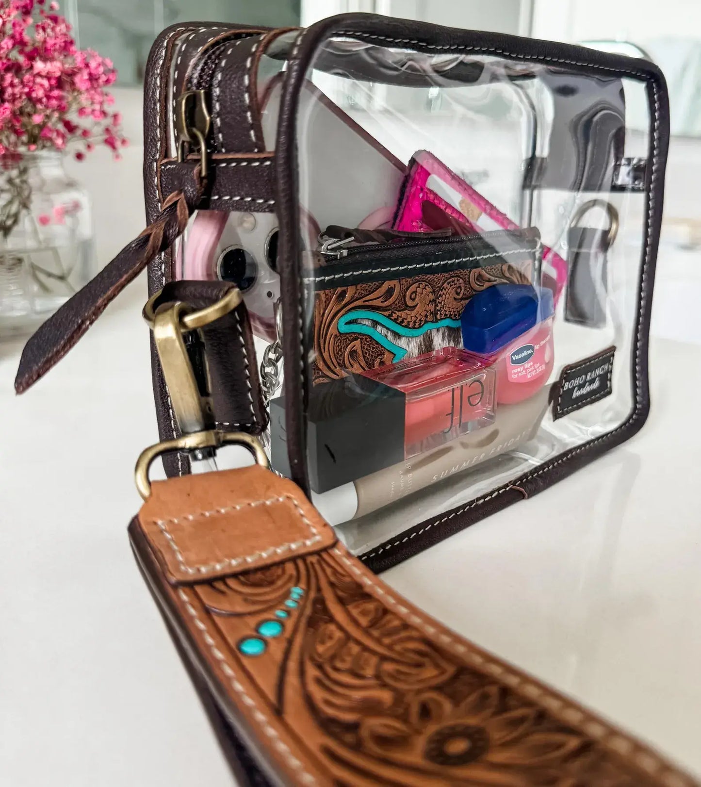 Boho Ranch Shop - DARLA CLEAR WRISTLET | transparent western purse - game day : BROWN