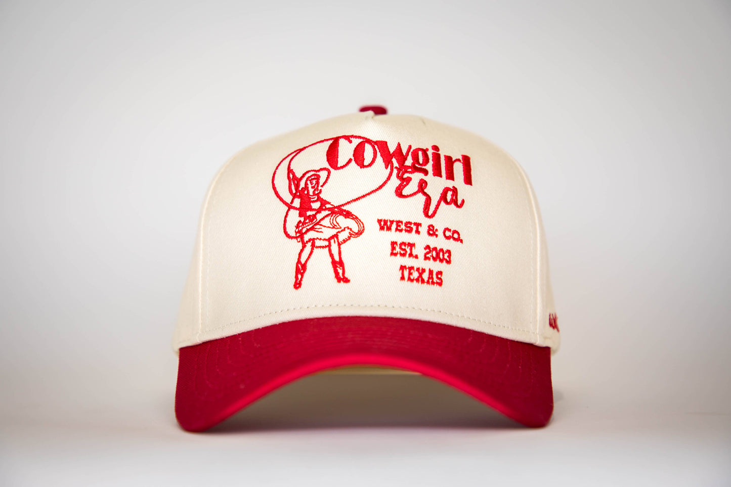 West & Co. - Red & Cream 5 Panel Baseball Cap w/Red West & Co. Cowgirl