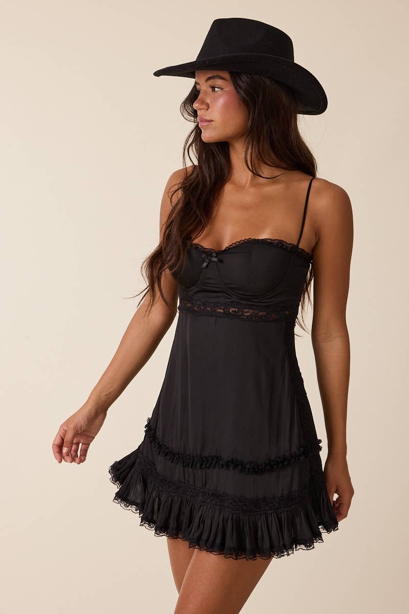 Sky to Moon - SOLID COLOR SWEETHEART LACE TRIM PREPPY MINI DRESS: BLACK / M
