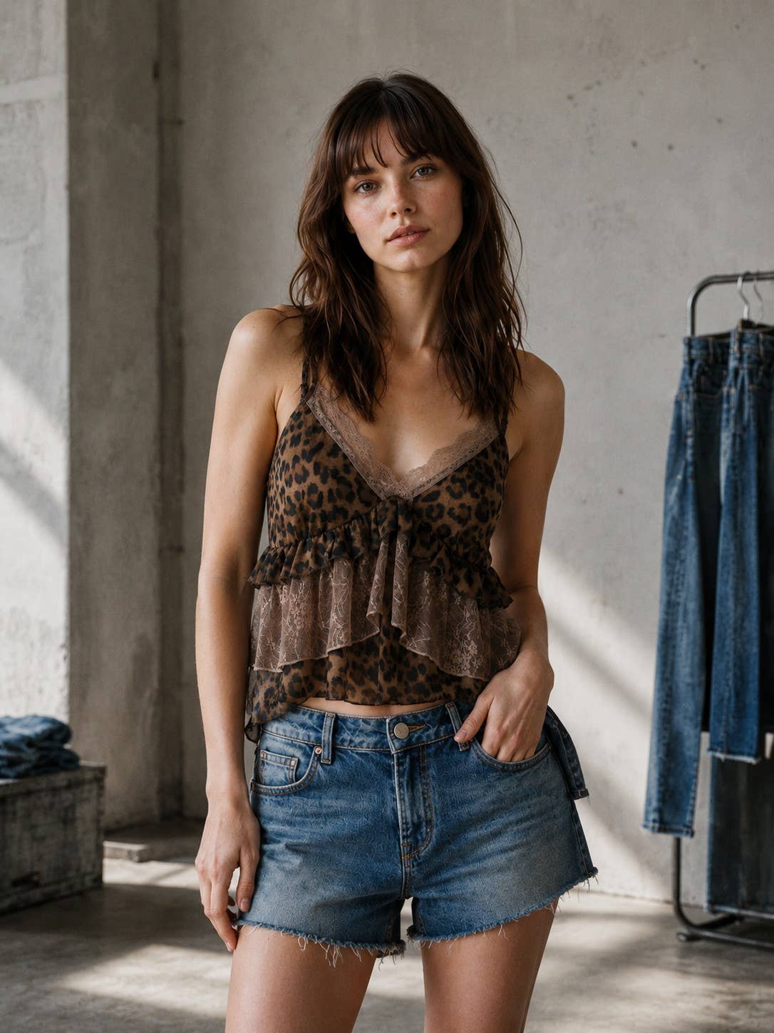 J LINE - LEOPARD LACE TRIM RUFFLE LAYERED CAMI TOP: LEOPARD / S-M-L(2-2-2)
