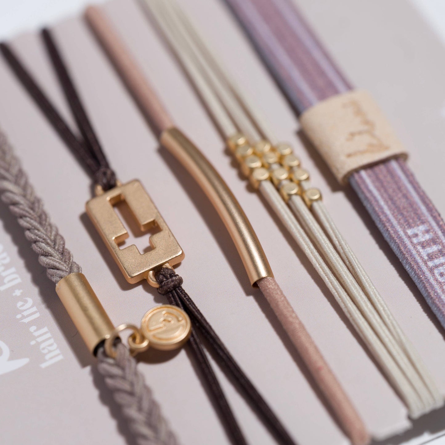 K'lani hair tie bracelets - "Faith" Warm Neutrals with Gold Cross Hair Tie Bracelets: Medium
