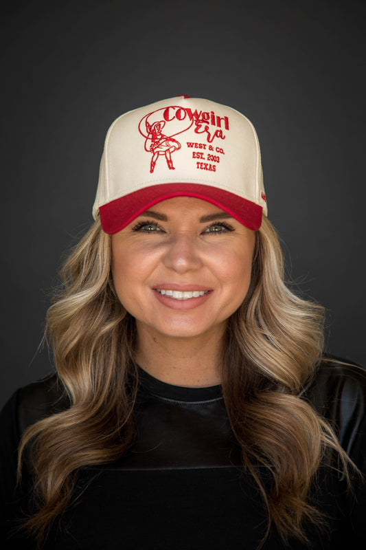 West & Co. - Red & Cream 5 Panel Baseball Cap w/Red West & Co. Cowgirl