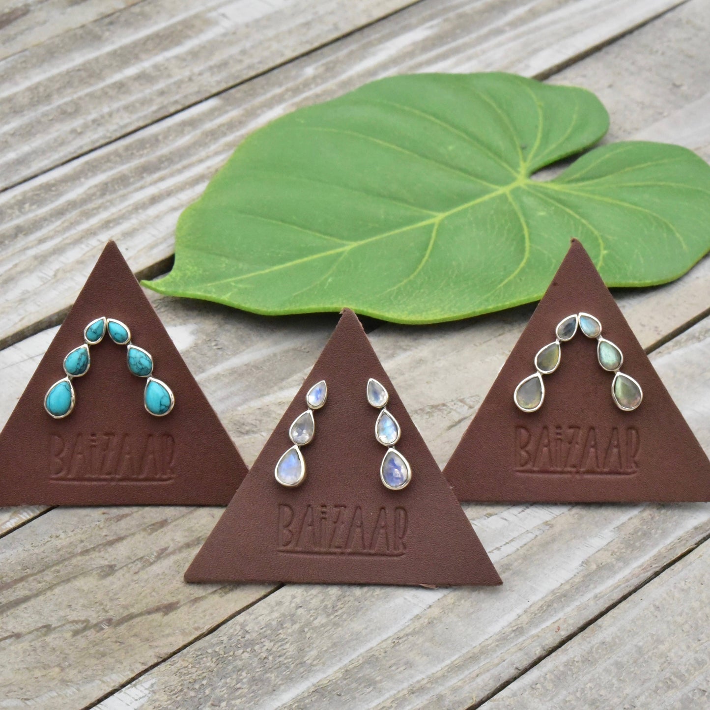 Baizaar - Triple Teardrop Faceted Stone Brass Ear Climber: Turquoise