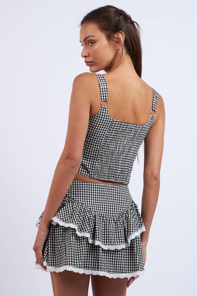 Sky to Moon - CHECKER PRINT FRONT BUTTON LACE TRIM CROP TOP: Black Checker / L