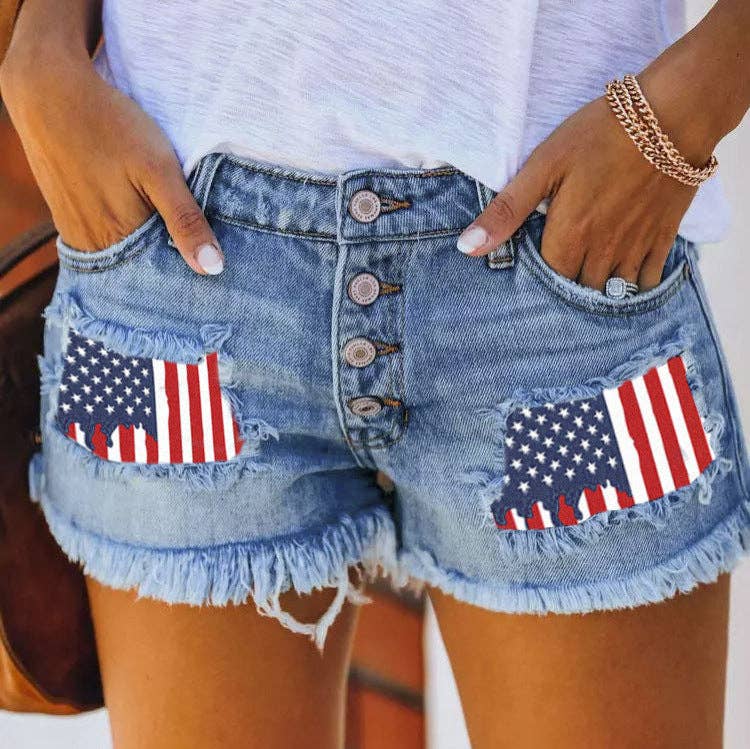 Modest Barbie - Trendy Denim Cut-Off Shorts With Flag Patch And Letter Print: Flag Patch / M