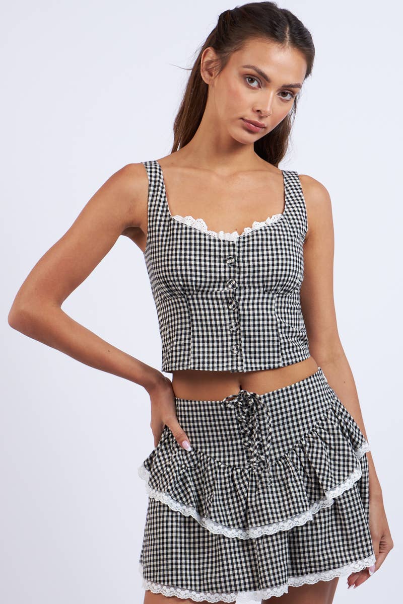 Sky to Moon - CHECKER PRINT FRONT BUTTON LACE TRIM CROP TOP: Black Checker / S