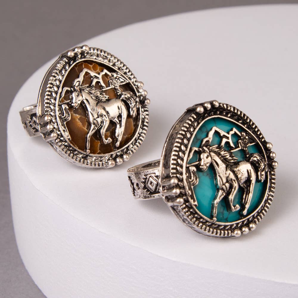 SP Sophia Collection - Western Horse Stretch Ring with Turquoise or Brown Accents: Blue