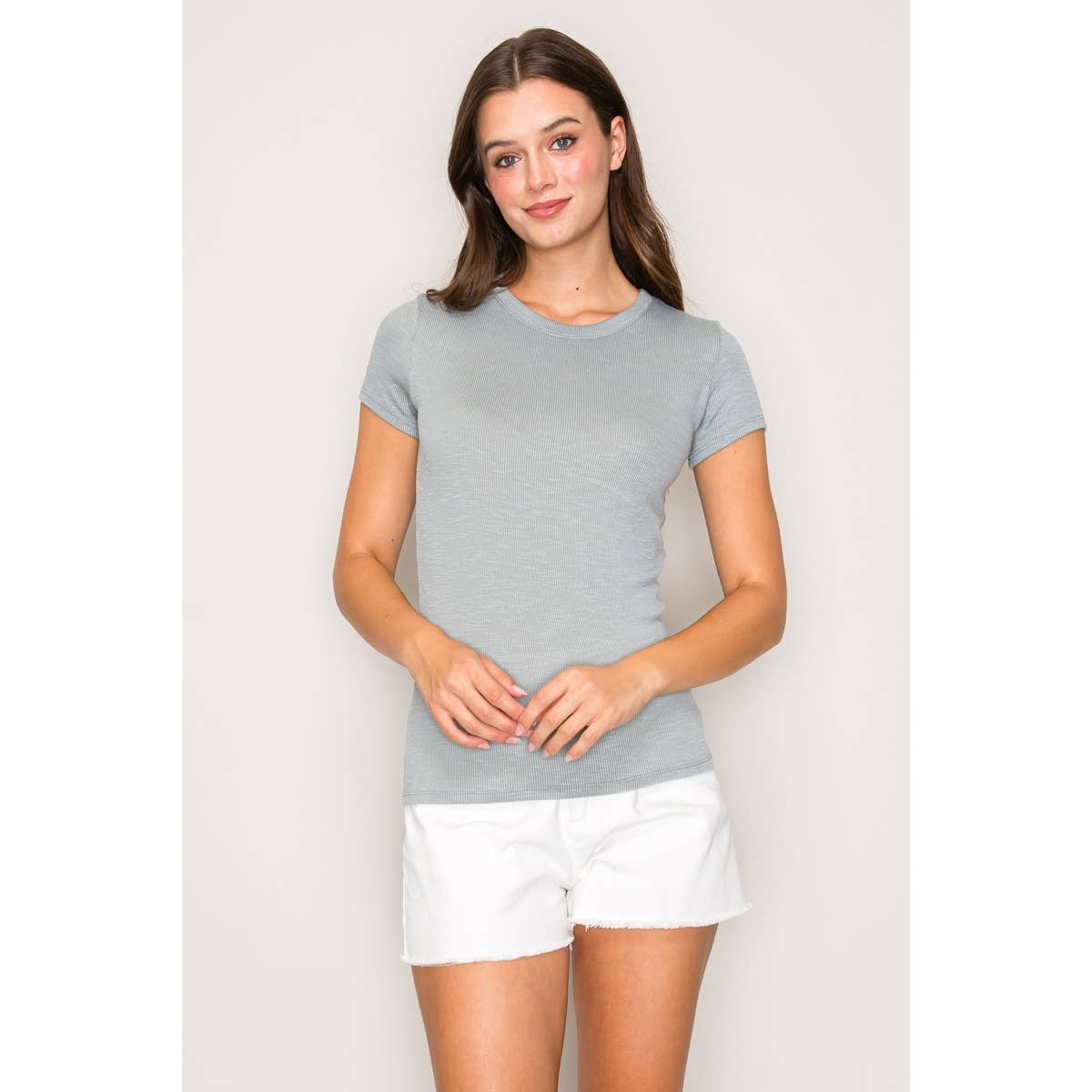 Popular 21 - Crew Neck Short Sleeve Rib Knit Basic Tee: Rum Raisin / S-M-L(2-2-2)