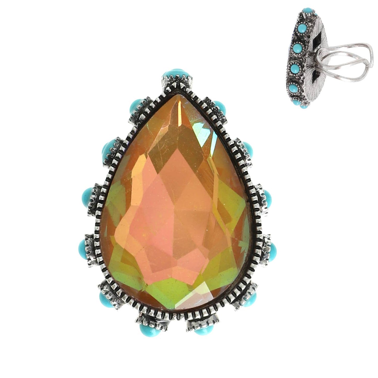 SP Sophia Collection - Western Teardrop Cut Crystal Stretch Ring: Turquoise Iridescent