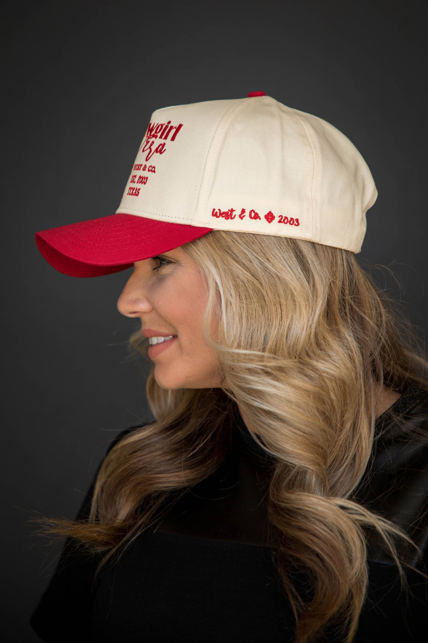 West & Co. - Red & Cream 5 Panel Baseball Cap w/Red West & Co. Cowgirl