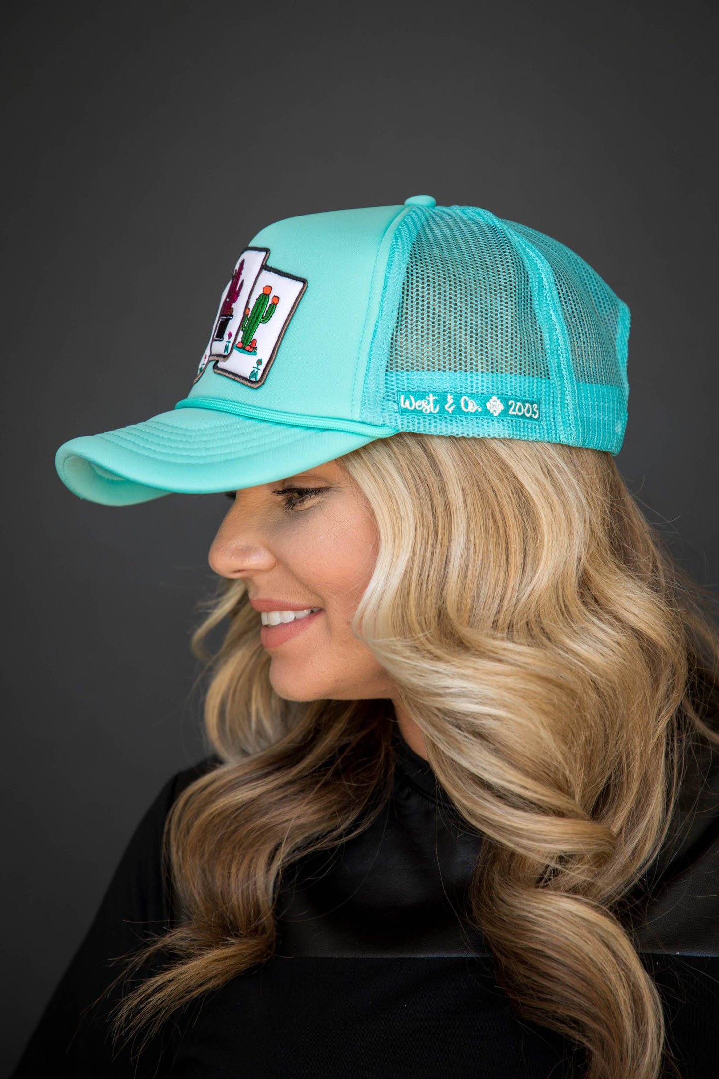 West & Co. - Turquoise Trucker Cap with Cactus Cards Patch