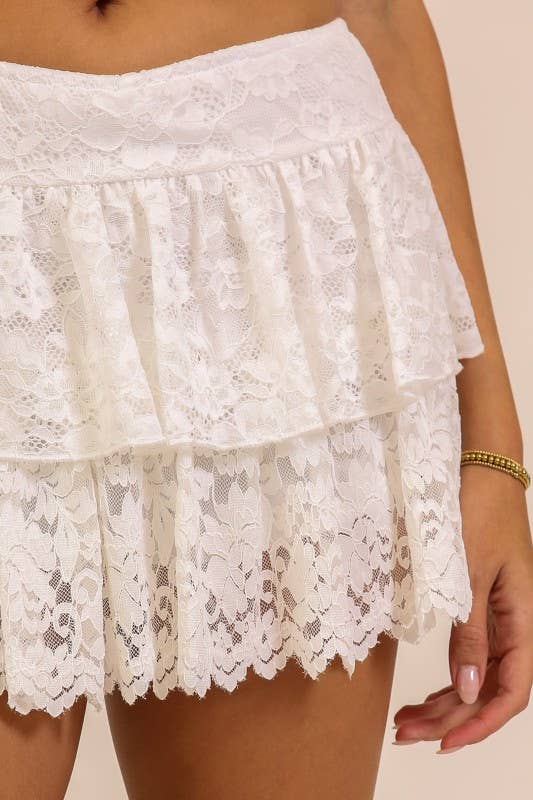 TIMING - Lace Ruffle Mini Skort: Black / S