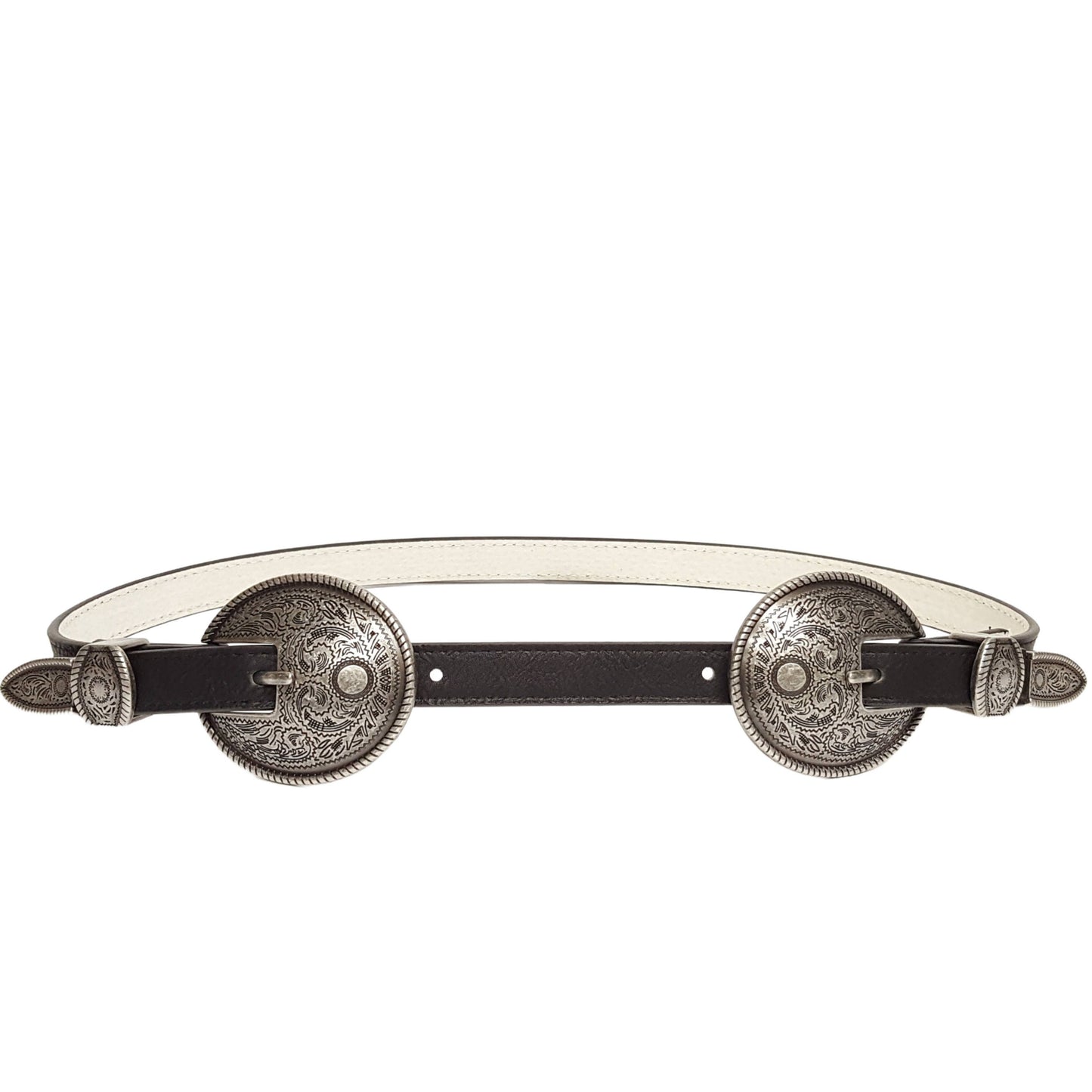 Axesoria West - Antique Silver Double Buckle Skinny Belt : Black / L
