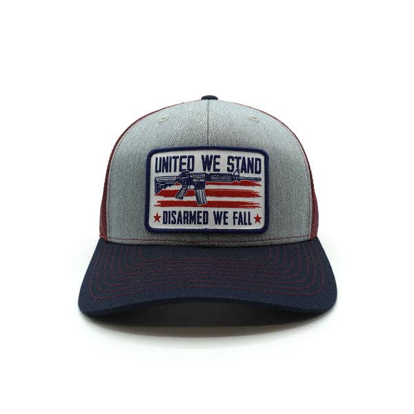 Shield Republic LLC - United We Stand Disarmed We Fall Woven Patch Hat: Curved Bill Snapback / Heather, Cardinal And Navy