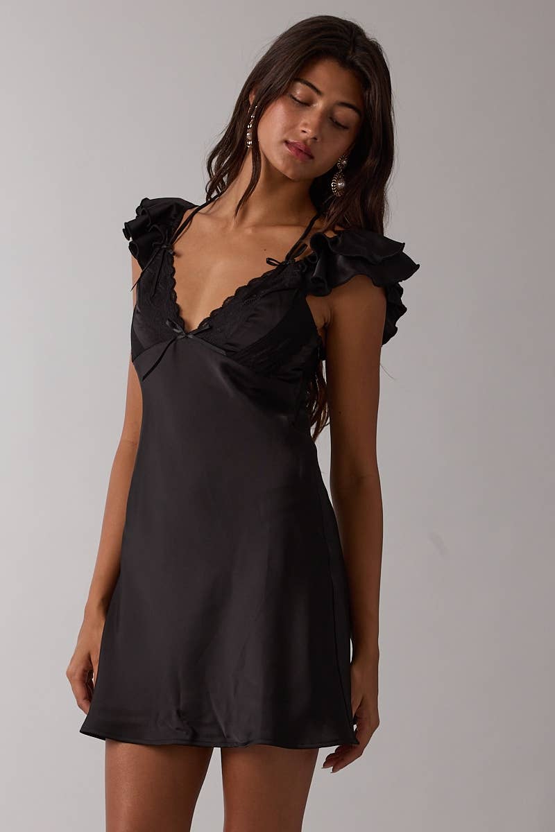 Sky to Moon - SATIN RUFFLE WING SLEEVE SCELLOP LACE MINI DRESS: BLACK / M