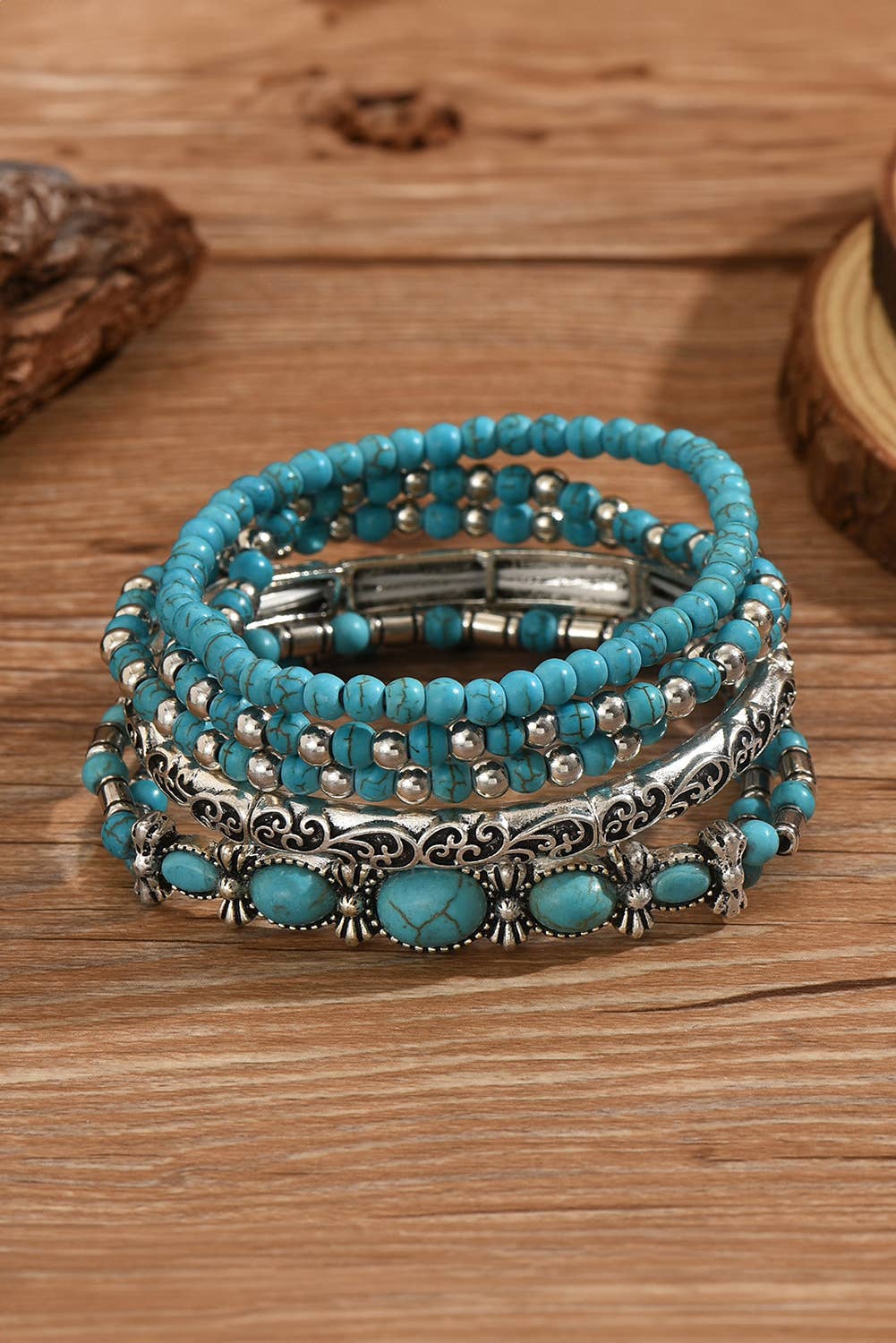 Little Daisy Closet -  LDC Western Turquoise Beading 5pcs Layered Bracelet: Silvery