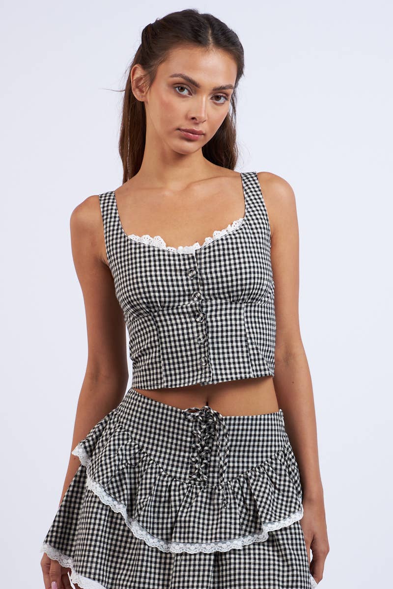 Sky to Moon - CHECKER PRINT FRONT BUTTON LACE TRIM CROP TOP: Black Checker / M