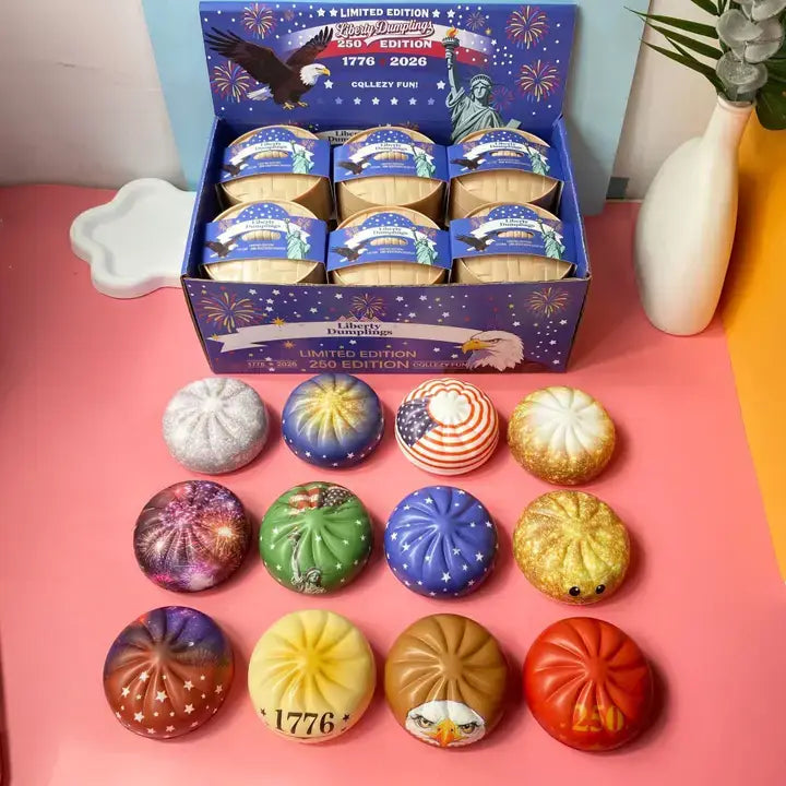 Liffy - 4th of July Dumpling Shape Squishy Stress Relief Toy: USA Theme Dumpling Squishy Set B with Steamer Display Box / ONE SIZE