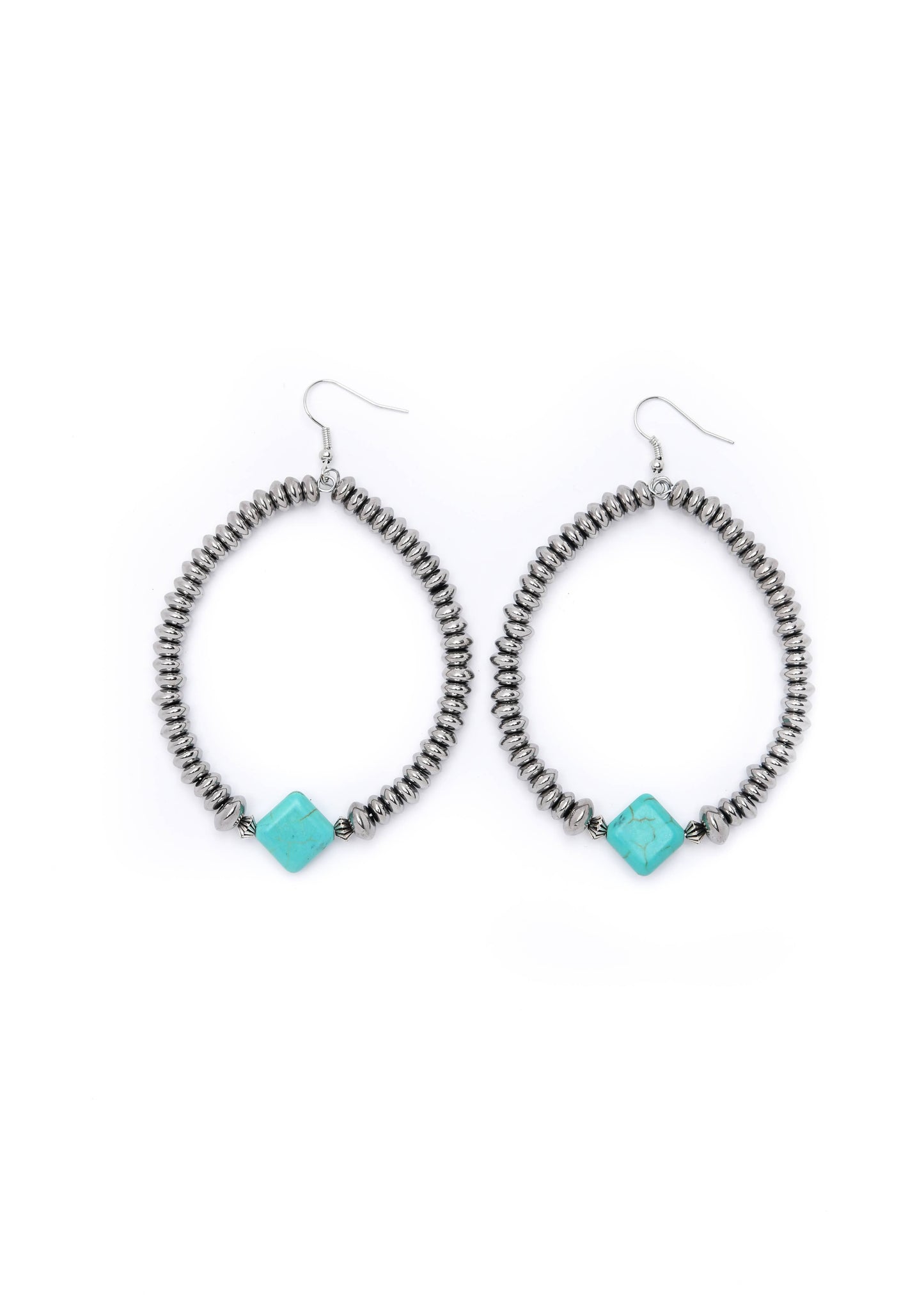 West & Co. - Metallic Silver Dangle Hoop Earring w/ Turq Diamond Accent