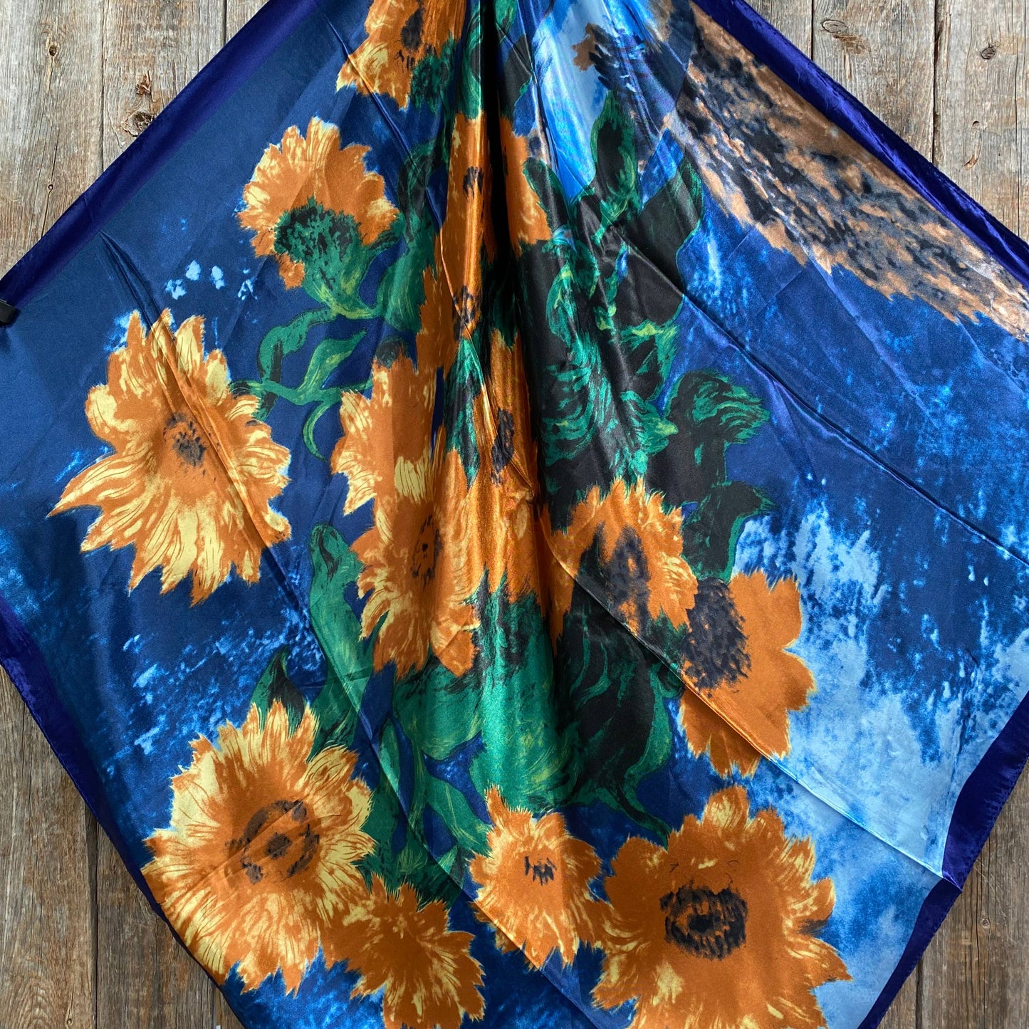 Rodeo Drive - 35X35"  Blue Painted Sunflowers Wild Rag / Scarf WR2101