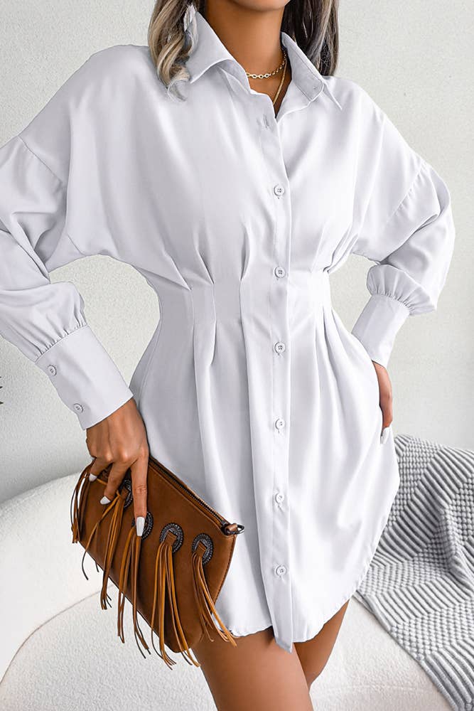 UNISHE - Plain Open Button High Waist Blouse Shirt Dress BJS026: White / L