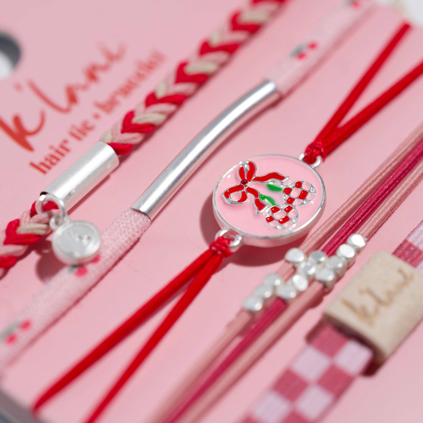 K'lani hair tie bracelets - "Sweet" Pink Cherry Hair Tie Bracelets: Medium