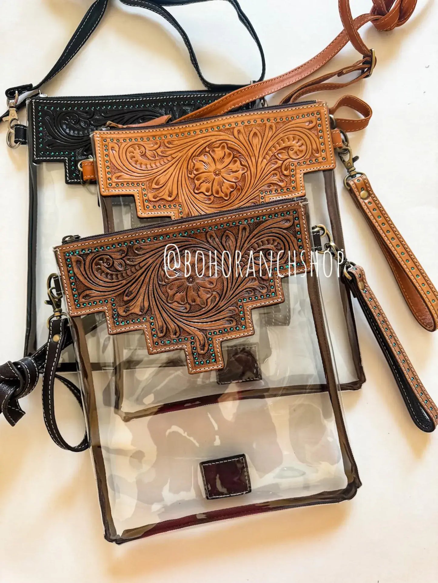 Boho Ranch Shop - SHAYNE LARGE - Hand Tooled Clear Crossbody Concert bag : Brown