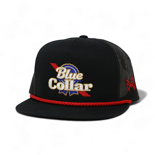 The Mad Hatter Co - Blue Collar Trucker Hat: Flat Bill Black with Red Rope