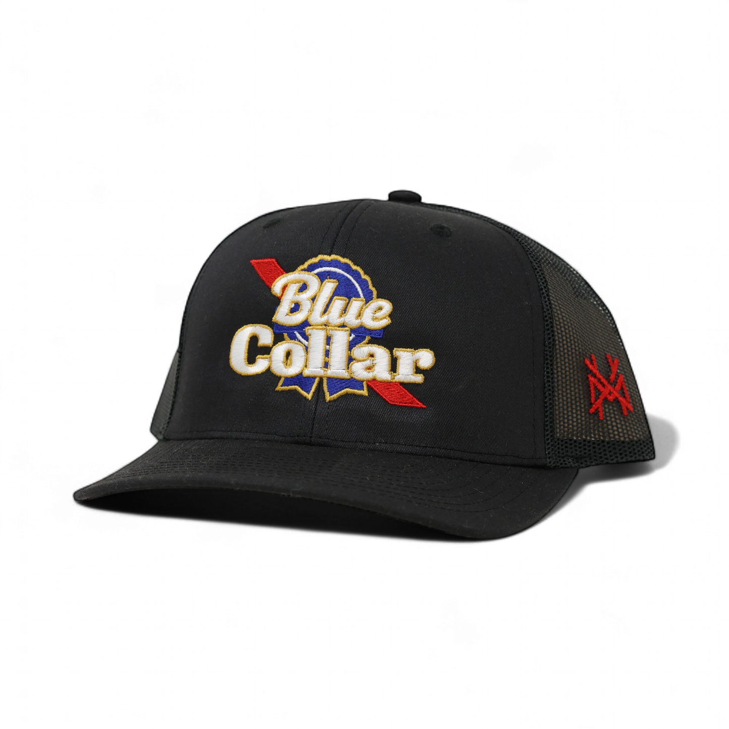 The Mad Hatter Co - Blue Collar Trucker Hat: Flat Bill Black with Red Rope