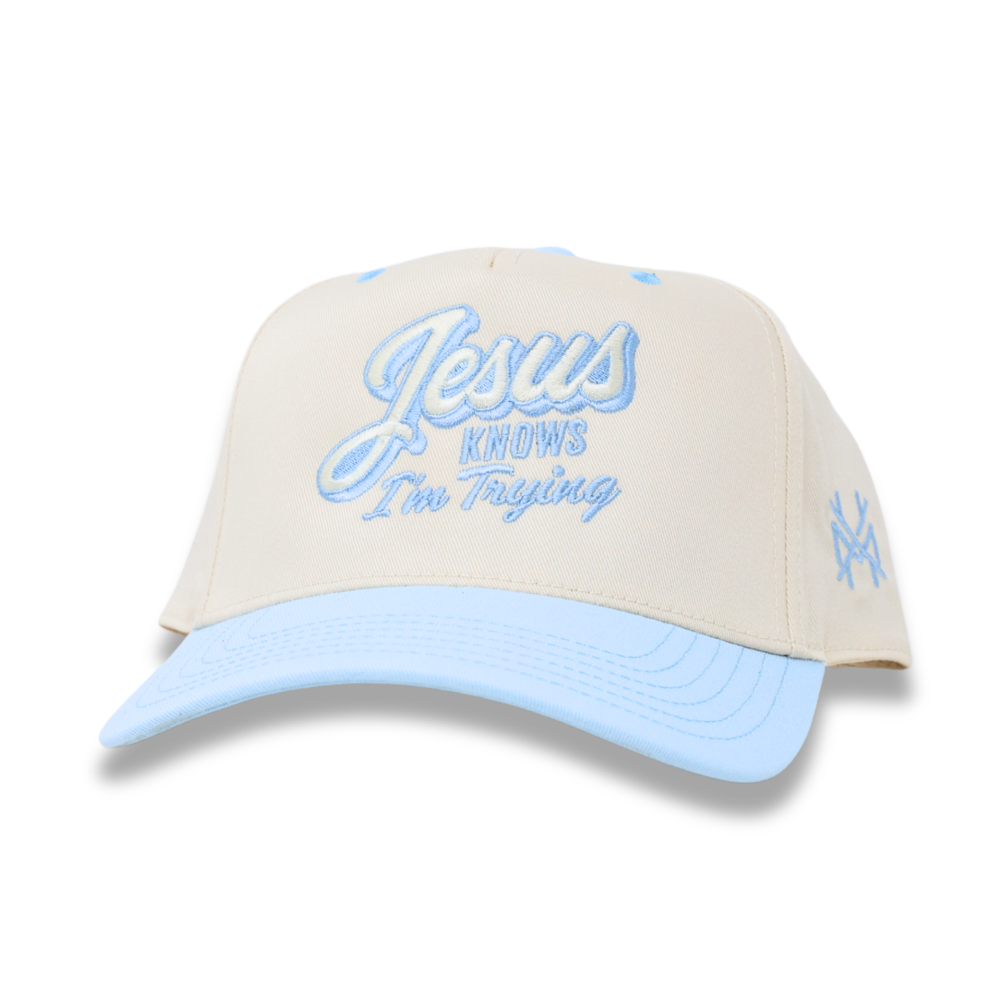 The Mad Hatter Co - Jesus Knows I'm Trying Trucker Hat: Retro Powder Blue/Natural