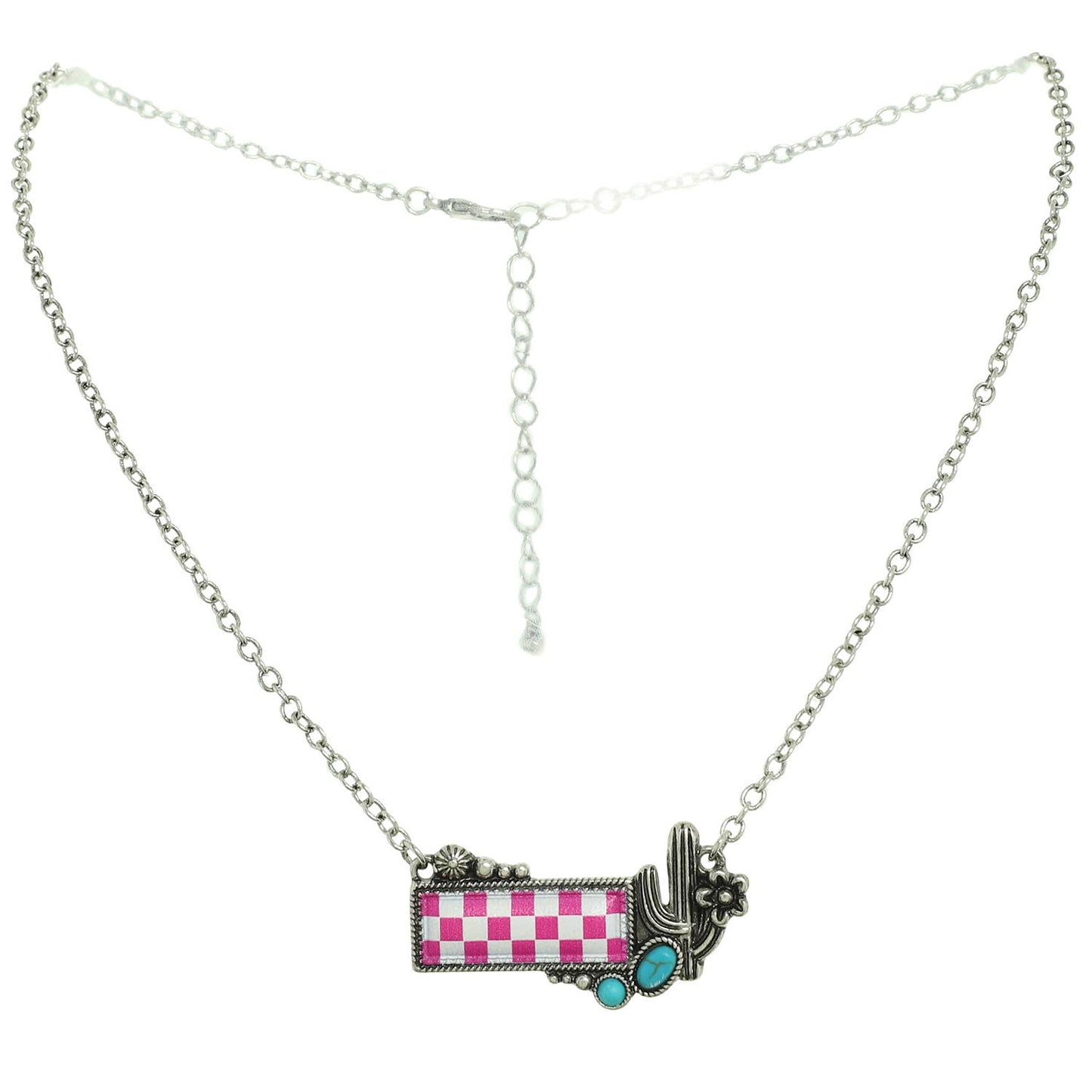 SP Sophia Collection - Western Checkerboard Cactus Pendant Necklace : Pink