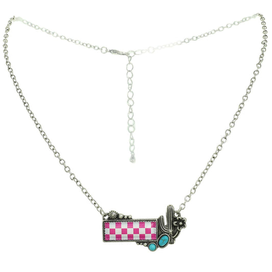 SP Sophia Collection - Western Checkerboard Cactus Pendant Necklace : Pink