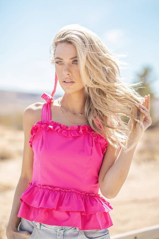 Strut & Bolt - Poplin Ruffle Sleeveless Top: RED