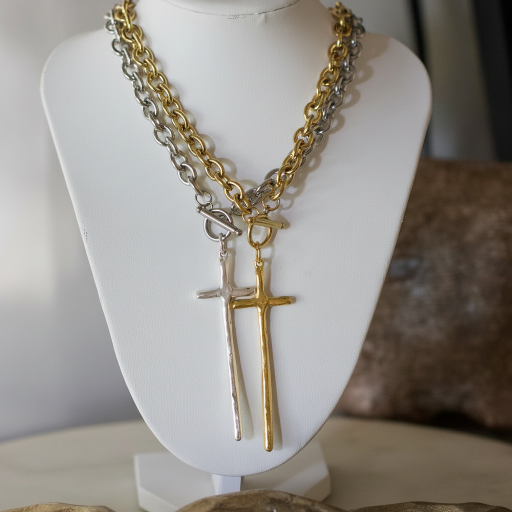 Deep South Originals Inc. - Elongated Cross Toggle Necklace - Stainless Steel - Gold Plated Pewter: Silver