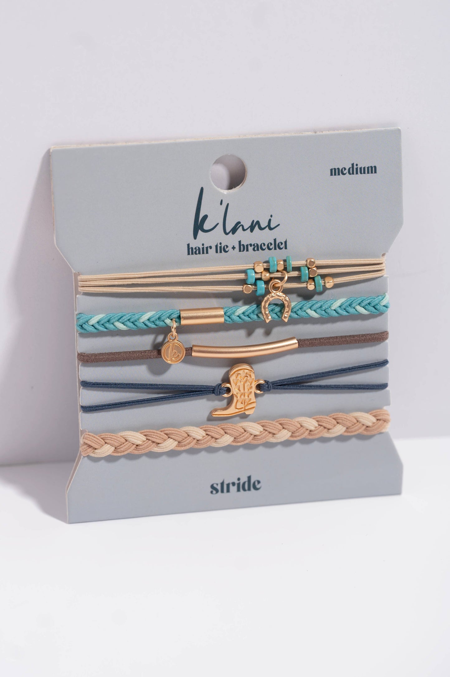 K'lani hair tie bracelets - "Stride" Turquoise with Gold Cowboy Boot Hair Tie Bracelets: Small