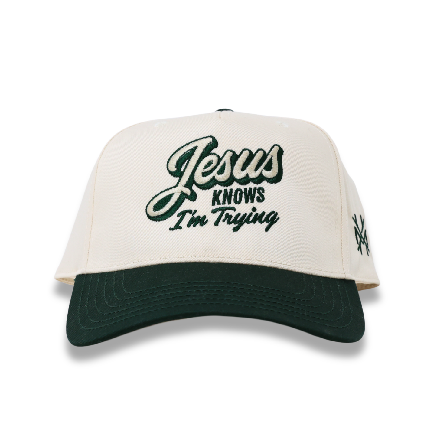 The Mad Hatter Co - Jesus Knows I'm Trying Trucker Hat: Retro Powder Blue/Natural