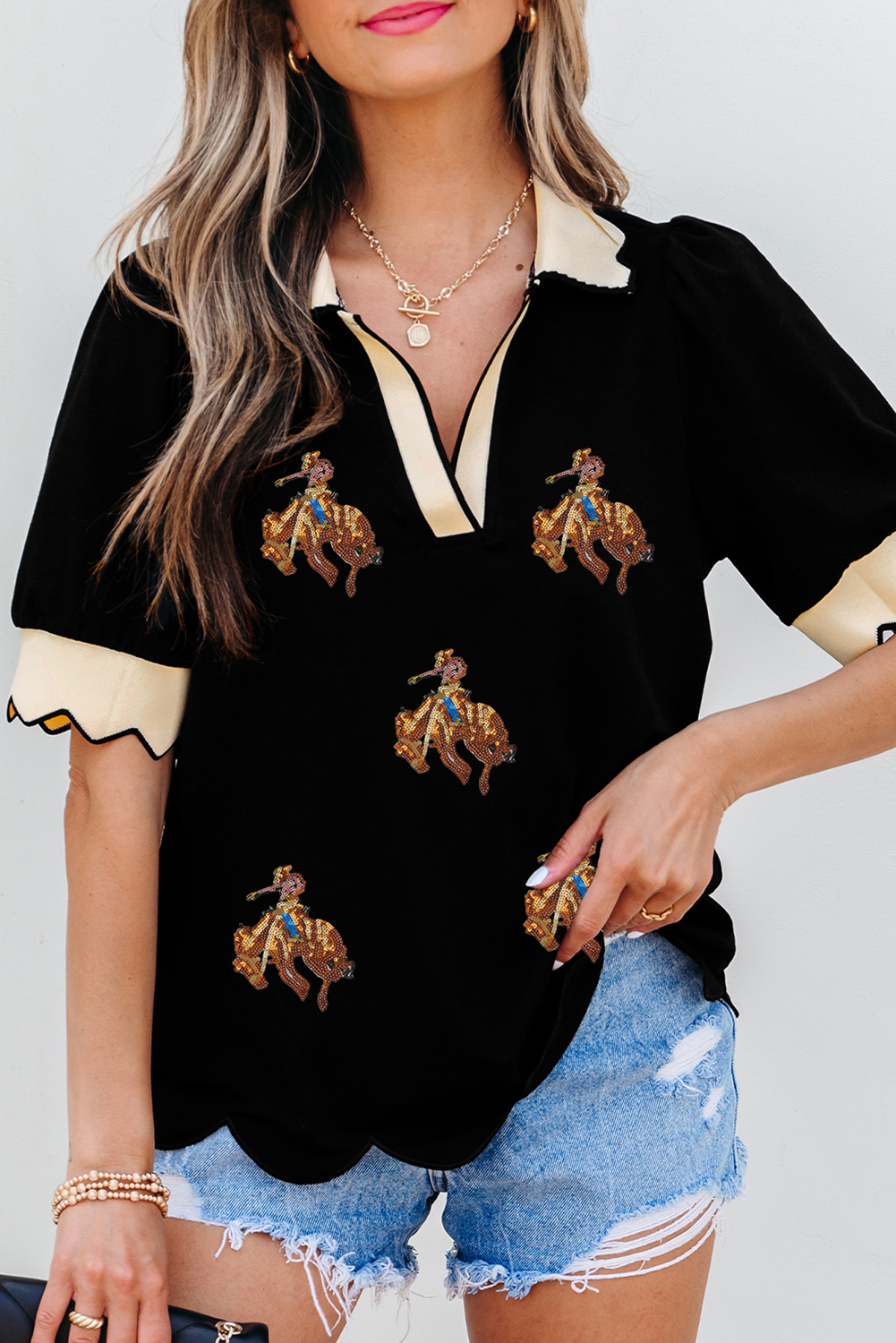 Little Daisy Closet - LDC Casual V Neck Shift Western Blouse: Black / M