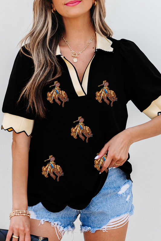 Little Daisy Closet - LDC Casual V Neck Shift Western Blouse: Black / M