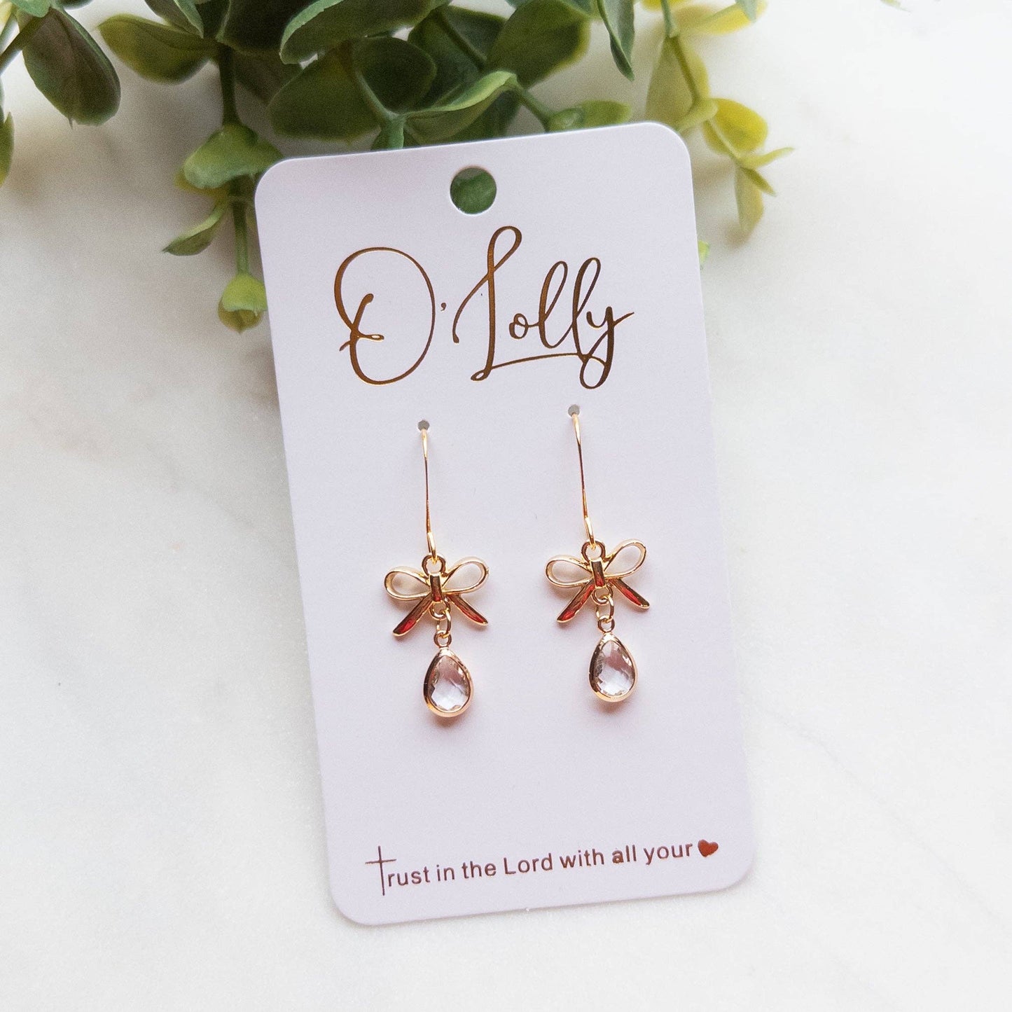 O’Lolly Jewelry - Dainty Gold Bow w/Glass Teardrop Charm