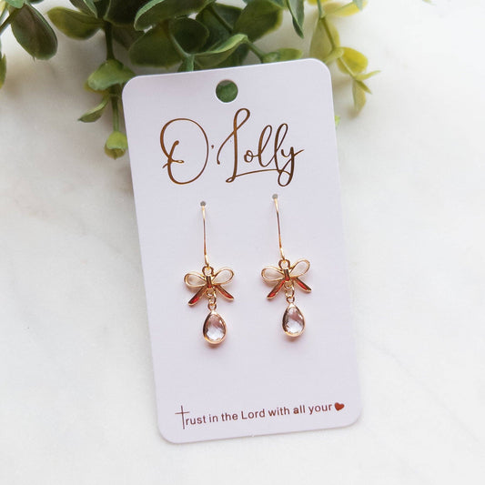 O’Lolly Jewelry - Dainty Gold Bow w/Glass Teardrop Charm